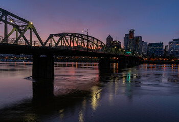 Fototapeta na wymiar The Hawthorne Bridge and Willamette River at Portland, Oregon, Taken at Sunset