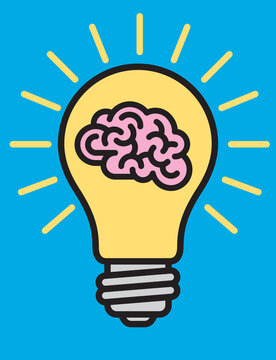 Light bulb with brain inside idea graphic.
Vector illustration of illuminated light bulb combined with human brain for idea or eureka concept.