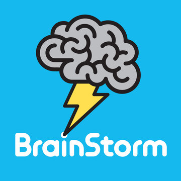 Brainstorm Idea concept illustration with brain and lightening bolt.
Vector illustration of brain logo or badge with lightning and custom lettering for brainstorm.