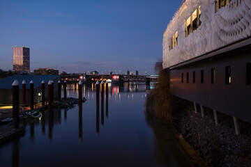 The Willamette River and the Morrison Bridge from the East Bank, Taken at Dusk