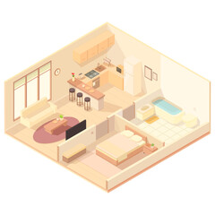 isometric apartment with toilet and bedroom with furniture, vector illustration