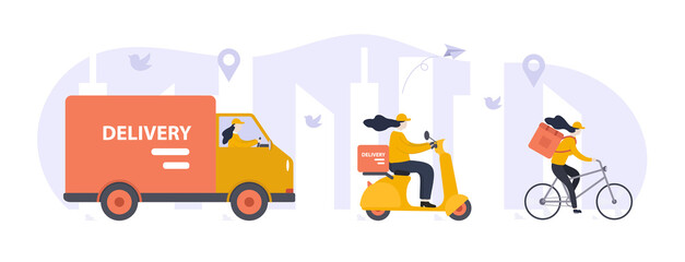 Online delivery service illustration concept, female delivery courier service by bicycle, scooter and truck. - obrazy, fototapety, plakaty