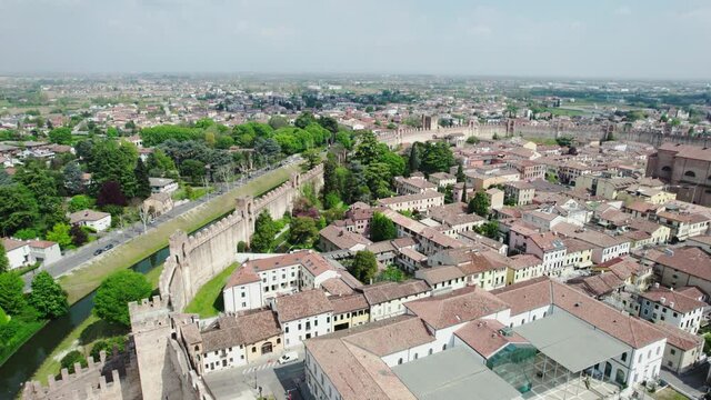 4K drone view of the medieval walled city Cittadella in the Veneto region. 