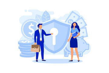 concept of money protection, financial saving insurance, safe business economy flat vector illustration 