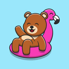 Cute bear wearing inflatable flamingo swimming balloon cartoon icon illustration