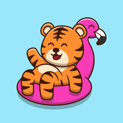 Cute tiger wearing inflatable flamingo swimming balloon cartoon icon illustration