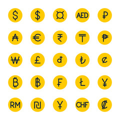 Currency symbols set. 25 main world currencies. Color editable stroke icons