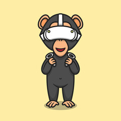 Cute chimpanzee using virtual reality headset cartoon icon illustration