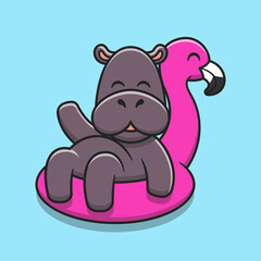 Cute hippo wearing inflatable flamingo swimming balloon cartoon icon illustration