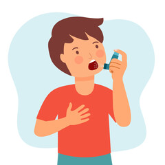 Boy child using asthma inhaler against allergic attack in flat design. Breathing treatment. - obrazy, fototapety, plakaty