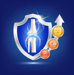 label aluminum healthy bone human bone anatomy. Vitamin D3 and Calcium, Phosphorus. Foods vitamins minerals logo products template design. Medical food supplement concepts. 3D Realistic Vector EPS10.