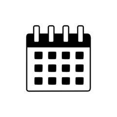 Calendar Icon in black flat glyph, filled style isolated on white background