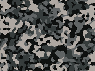 Black classical military background of soldier camouflaging, seamless pattern. Modern vector woodland camo texture for army clothing.