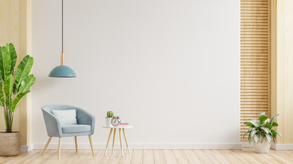 Modern minimalist interior with an armchair on empty white wall background.