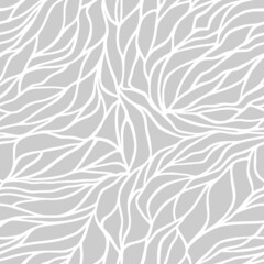 Petals pattern with white wavy lines and scrolls on light gray background. Abstract linear leaves, organic texture. Art Deco design style. Seamless vector for textile, fabric and wrapping