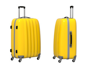 3d image of a yellow travel suitcase in two angles. Isolate on white background