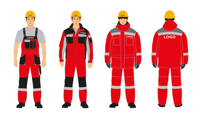Workwear branding. Blanks for corporate identity. Workwear options. Red and gray colors. A man in a winter jacket and overalls