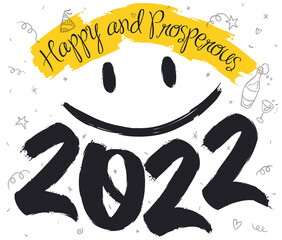 Cute Smile with Doodles Announcing the New Year 2022, Vector Illustration