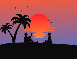 
illustration of beach scene in the evening