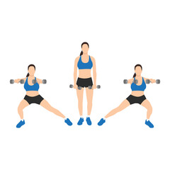 Obraz na płótnie Canvas Woman doing Side lunge front raise exercise. Flat vector illustration isolated on white background