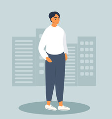 vector flat style illustration - young guy in trendy casual clothes on a city street