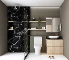 modern bathroom with black and white marble,shower,toilet,wooden counter basin,wooden shelf i 3d rendering.
