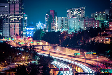 seatte city scape with freeway at night,Washington,usa.