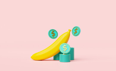 yellow banana with pile stacked coin  isolated on pink background. easy finance, saving money, business growth, fund, interest concept, 3d illustration or 3d render