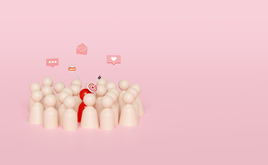 wooden figures group with target, darts or arrow, social media, notifications, magnifying, envelope  isolated on pink background. recruitment staff concept, 3d illustration, 3d render