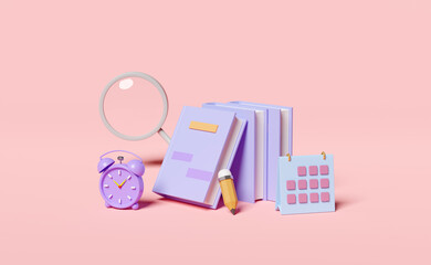 Fototapeta na wymiar Textbook, book with magnifying glass, calendar, alarm clock, pencil isolated on pink background. 3d render illustration