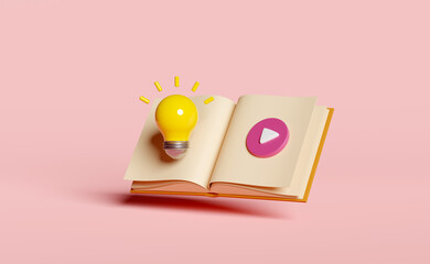 yellow light bulb with open book, play button isolated on pink background. idea tip education, knowledge creates ideas concept, minimal abstract, 3d render illustration - obrazy, fototapety, plakaty