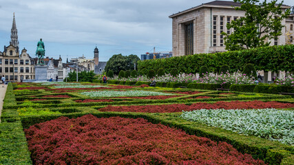 View of the historical city center of Brussels, Belgium,  from the public garden of  Mont des Arts (French) or Kunstberg (Dutch), meaning Mount of the Arts
