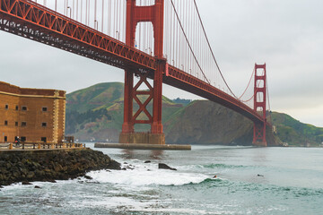The Golden Gate bridge, seen at sunrise, San Francisco, California.