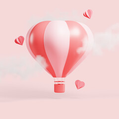 Happy Valentine's Day Social Media Post with Floating Hot Air Balloon and Cloud 3d Rendering
