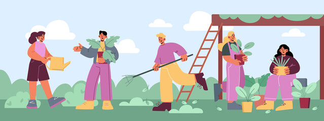 People gardening works on farm or garden. Men and women farmers planting and watering sprouts, raking ground. Happy farmers characters group working in summer orchard Line art flat vector illustration