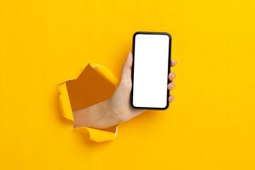 woman hand holding a blank screen smart phone on a yellow background.