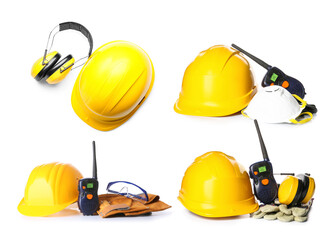 Set of safety equipment and radio transmitters on white background