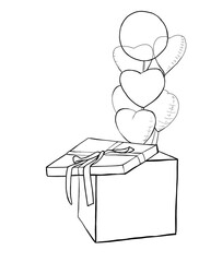 Balloons in the shape of hearts fly out of a gift box with a red ribbon. Illustration for postcards for Christmas, New Year or Valentine's Day or for other holidays
