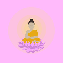 Cute buddha in glow, meditating monk. Pink page and colorful clipart character. Cartoon design for t shirt print, icon, logo, label, patch or sticker