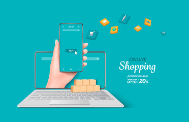 hand holding smartphone and coming out from the computer laptop screen and there is a parcel box in front and various icons float out of the smartphone,vector3d on blue background for online shopping