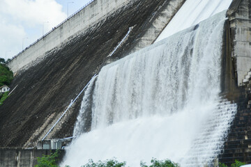 Khun Dan Prakarn Chon Dam water overflow from spillway