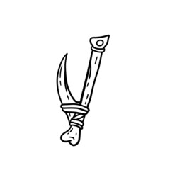 Fish hook made of bone and fang. Tool of primitive man of Stone Age. Old tool for fishing and hunting. Cartoon outline illustration