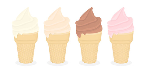 Ice cream in a waffle cone set. Creamy, vanilla, chocolate, strawberry flavors.