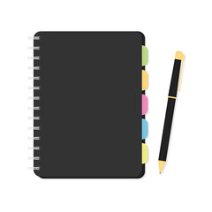 Black notebook with colored bookmarks and pen