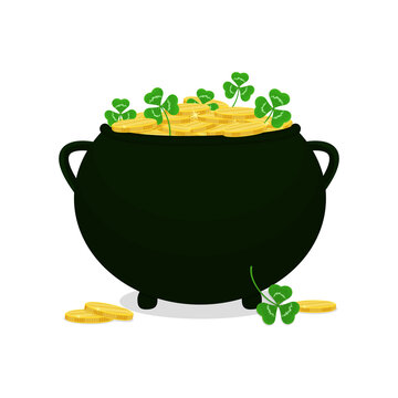 Pot of gold coins and clover leaves. Patrick's Day symbols.