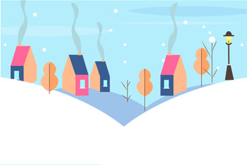 Winter Vector landscape illustration. winter wonderland at countryside with snow covering. Winter Christmas village. Colorful house in the cozy town.