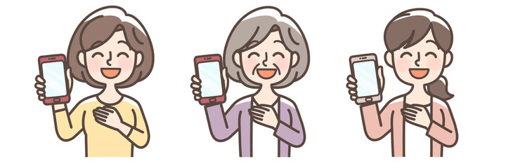 スマートフォンをもって安心している女性セット
