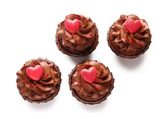 Tasty chocolate cupcakes for Valentine's day on white background
