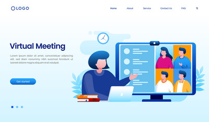 Virtual meeting concept. digital meetup collaboration or teamwork landing page website illustration flat vector template