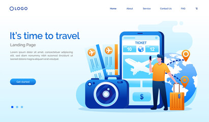 Its time to travel landing page website. Vacation illustration flat vector template. Holiday trip